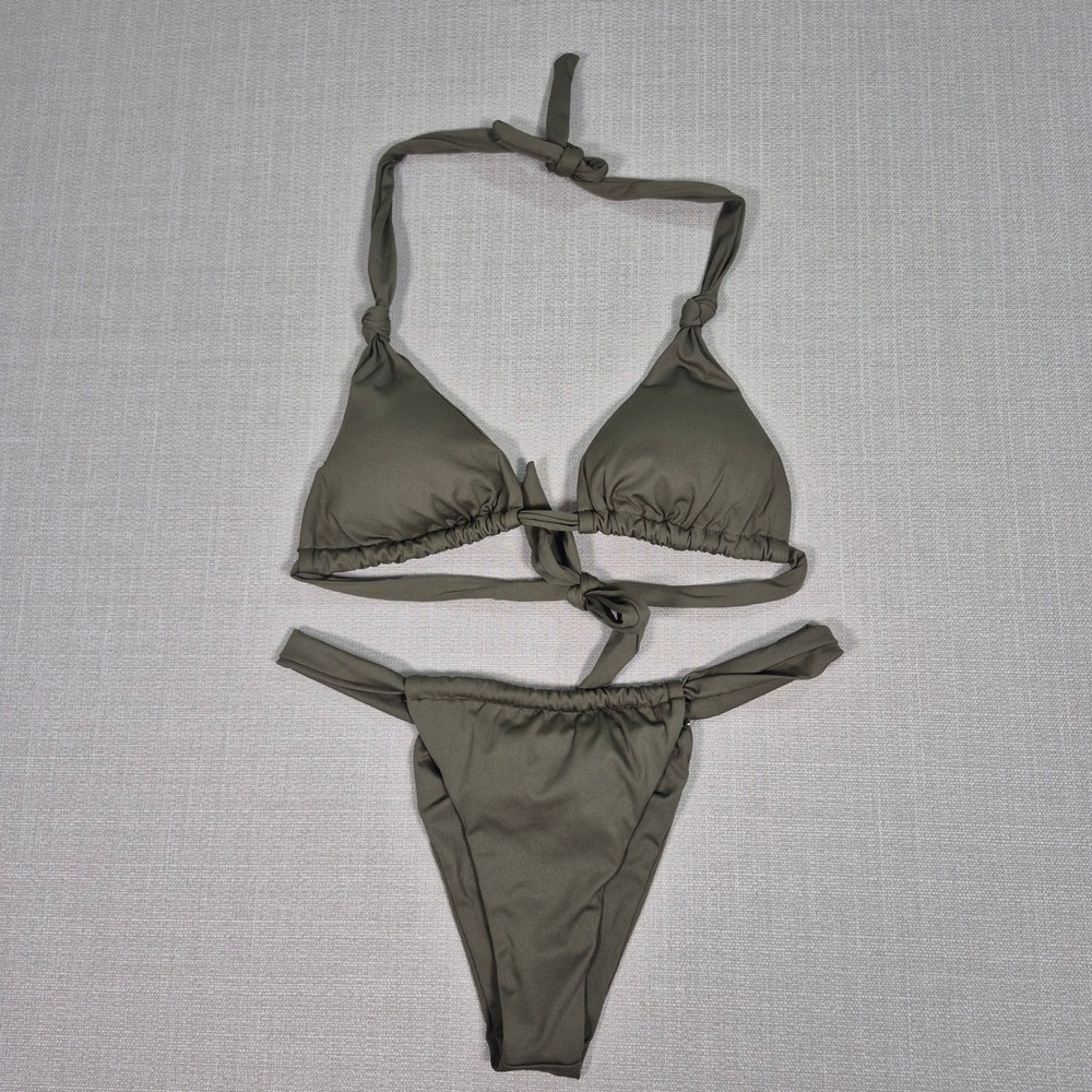 Olive Green Two Piece Triangle Halter Thong Bikini Set High Cut Bottoms Size L